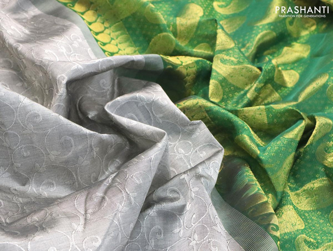 Silk cotton saree grey and light green with allover self emboss jacquard and annam zari woven border - {{ collection.title }} by Prashanti Sarees