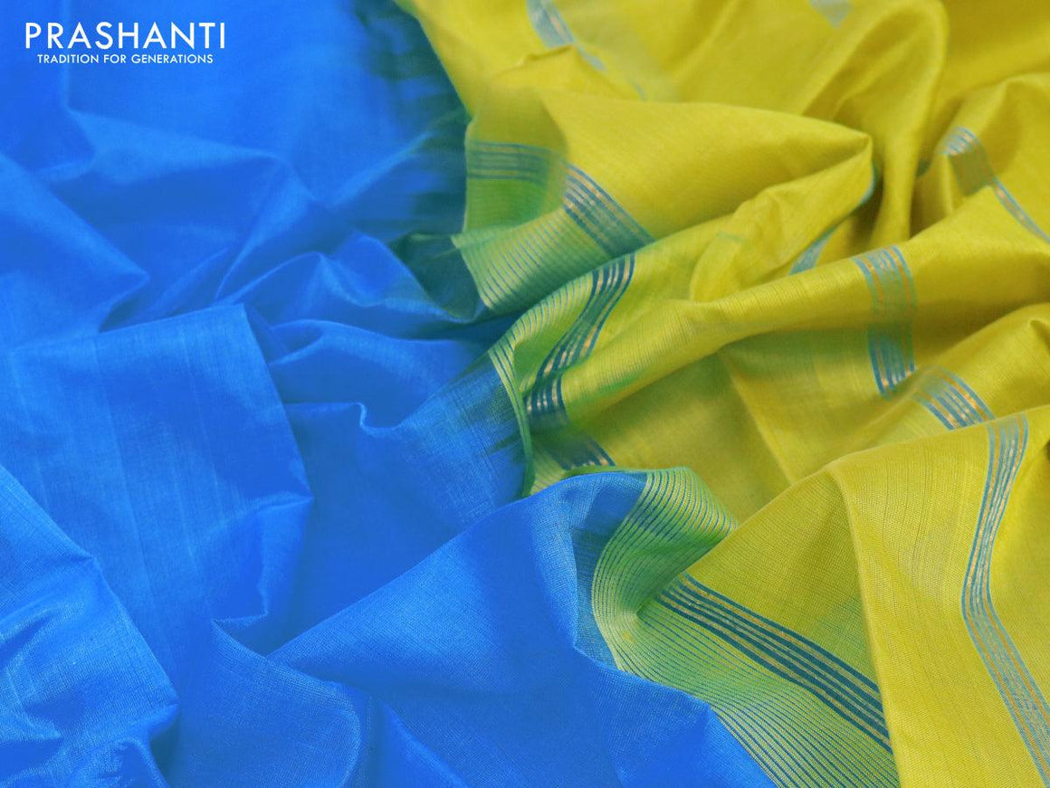 Silk cotton saree light blue and lime green with plain body and zari woven border - {{ collection.title }} by Prashanti Sarees