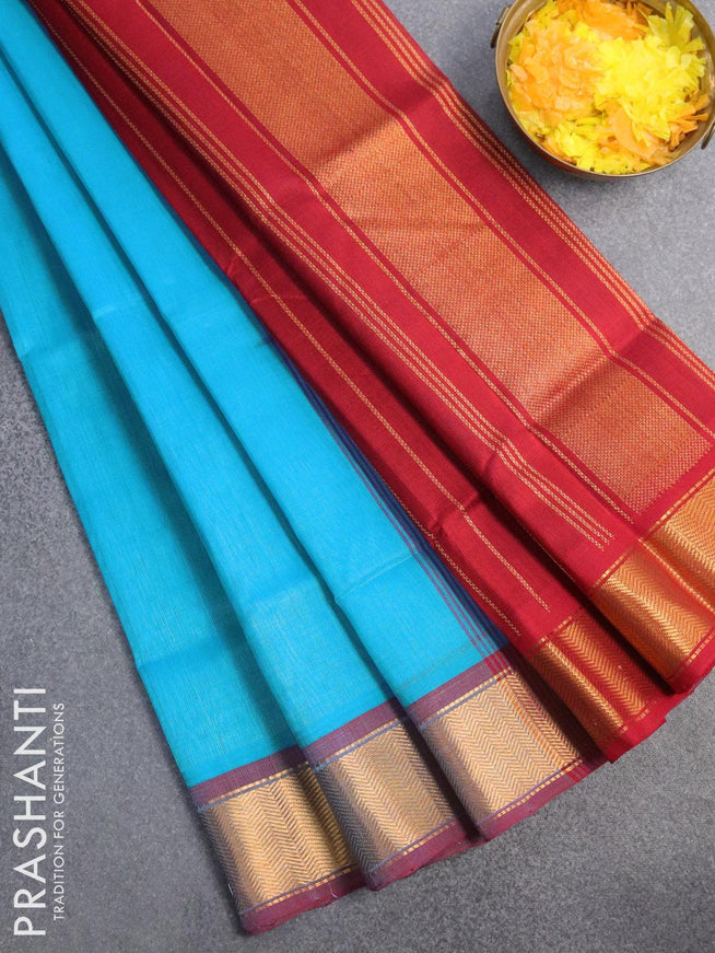 Silk cotton saree light blue and red with plain body and zari woven border - {{ collection.title }} by Prashanti Sarees