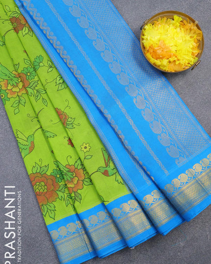 Silk cotton saree light green and cs blue with allover kalamkari prints and zari woven korvai border - {{ collection.title }} by Prashanti Sarees