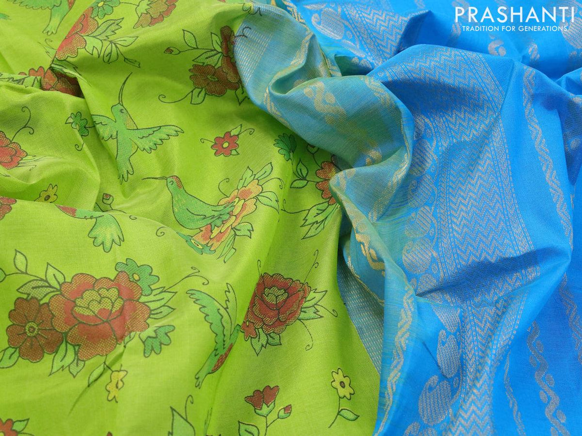 Silk cotton saree light green and cs blue with allover kalamkari prints and zari woven korvai border - {{ collection.title }} by Prashanti Sarees