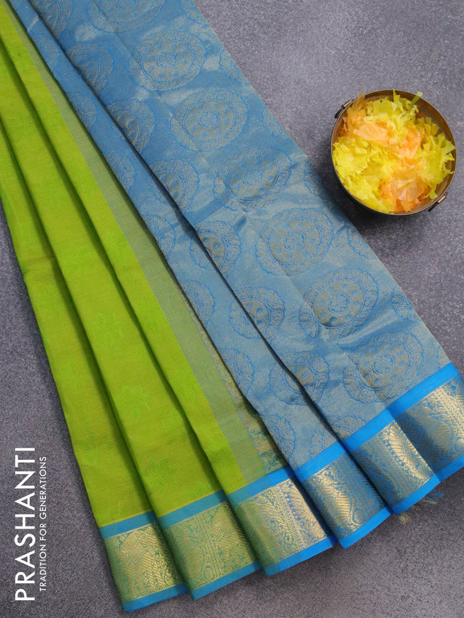 Silk cotton saree light green and cs blue with allover self emboss and annam & elephant design zari woven border - {{ collection.title }} by Prashanti Sarees