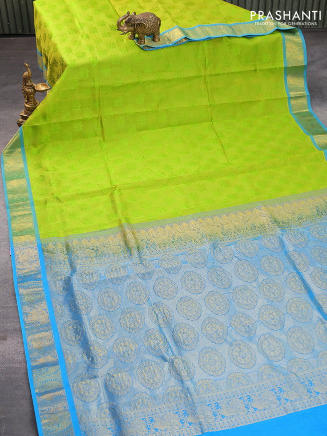 Silk cotton saree light green and cs blue with allover self emboss and annam & elephant design zari woven border - {{ collection.title }} by Prashanti Sarees