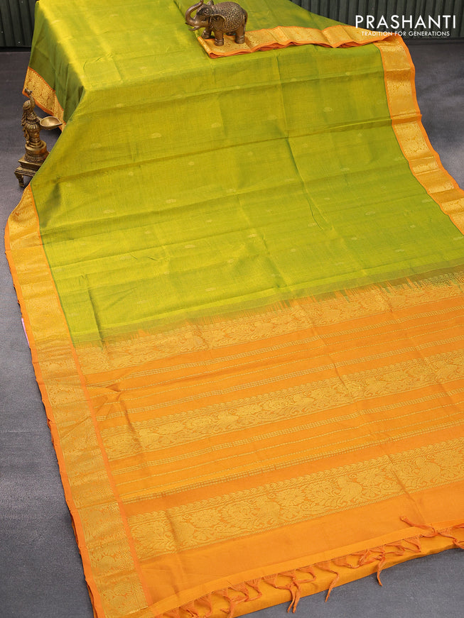 Silk cotton saree light green and mustard yellow with allover vairaosi pattern & temple zari woven buttas and paisley zari woven border - {{ collection.title }} by Prashanti Sarees