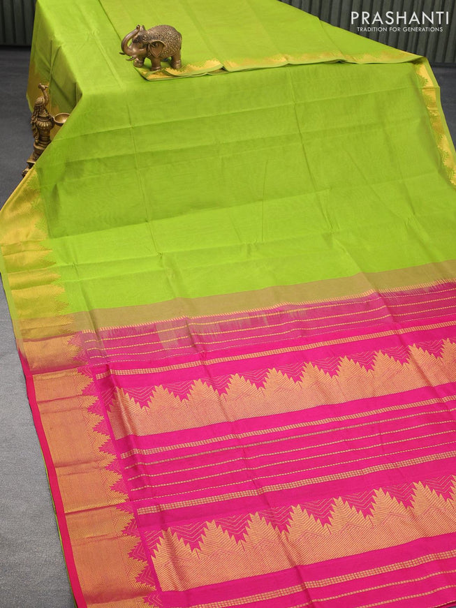 Silk cotton saree light green and pink with plain body and temple design zari woven border - {{ collection.title }} by Prashanti Sarees