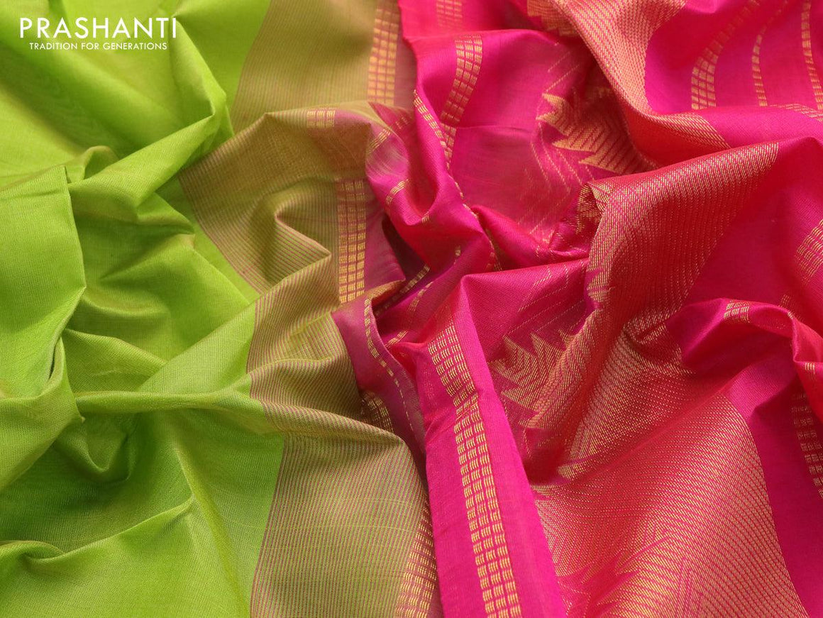Silk cotton saree light green and pink with plain body and temple design zari woven border - {{ collection.title }} by Prashanti Sarees