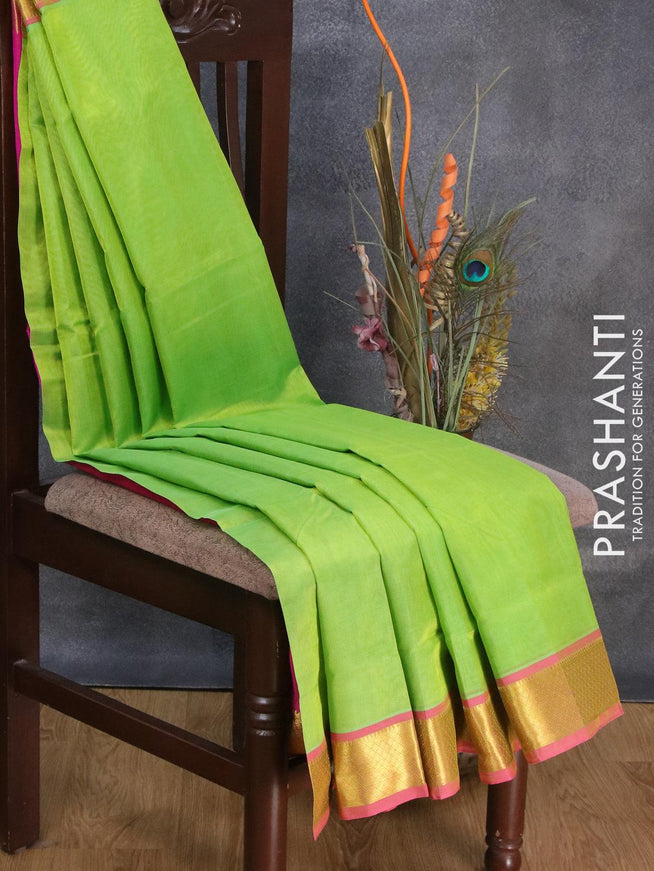 Silk cotton saree light green and pink with plain body and zari woven border - {{ collection.title }} by Prashanti Sarees