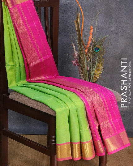 Silk cotton saree light green and pink with plain body and zari woven border - {{ collection.title }} by Prashanti Sarees
