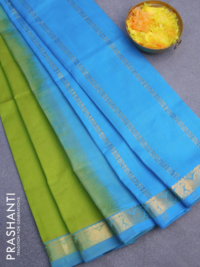 Silk cotton saree lime green and light blue with plain body and zari woven border - {{ collection.title }} by Prashanti Sarees