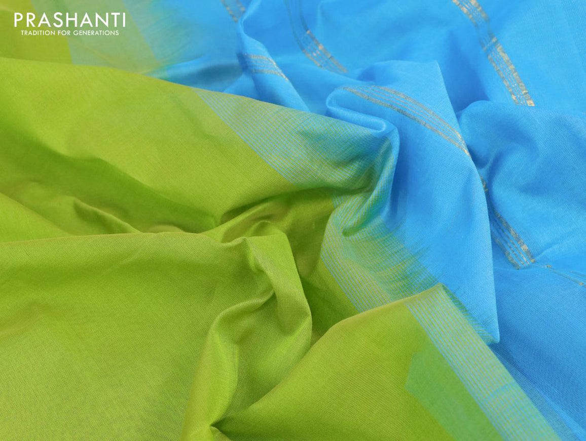 Silk cotton saree lime green and light blue with plain body and zari woven border - {{ collection.title }} by Prashanti Sarees