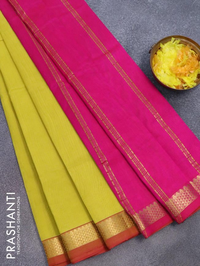 Silk cotton saree lime yellow and pink with plain body and zari woven border - {{ collection.title }} by Prashanti Sarees