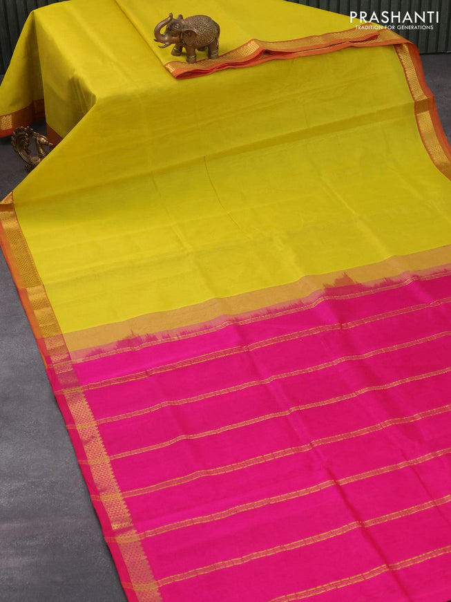 Silk cotton saree lime yellow and pink with plain body and zari woven border - {{ collection.title }} by Prashanti Sarees
