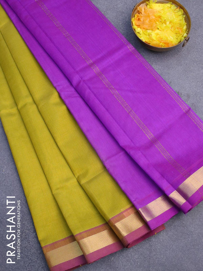 Silk cotton saree lime yellow and violet with plain body and zari woven border - {{ collection.title }} by Prashanti Sarees