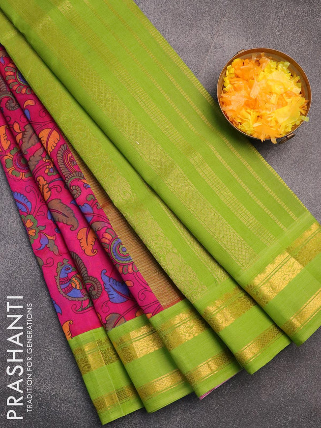 Silk cotton saree magenta pink and light green with allover kalamkari prints and rettapet zari woven korvai border - {{ collection.title }} by Prashanti Sarees