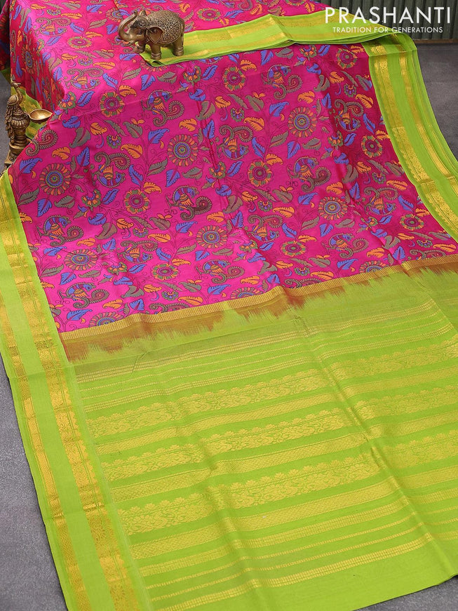 Silk cotton saree magenta pink and light green with allover kalamkari prints and rettapet zari woven korvai border - {{ collection.title }} by Prashanti Sarees