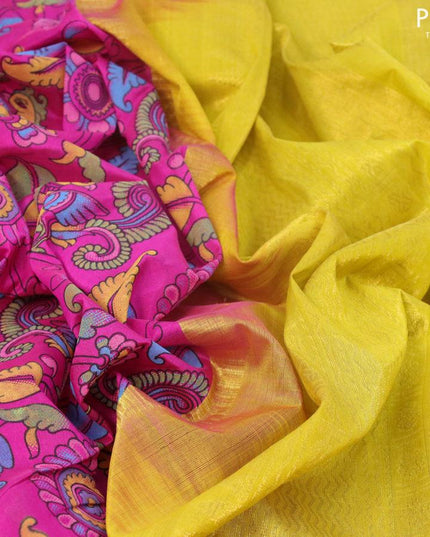 Silk cotton saree magenta pink and yellow with allover kalamkari prints and rich zari woven rettapet border - {{ collection.title }} by Prashanti Sarees