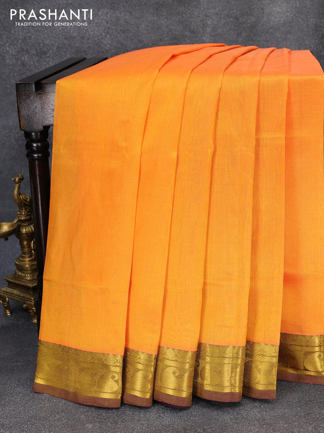Silk cotton saree mango yellow and deep coffee brown with plain body and paisley zari woven border - {{ collection.title }} by Prashanti Sarees