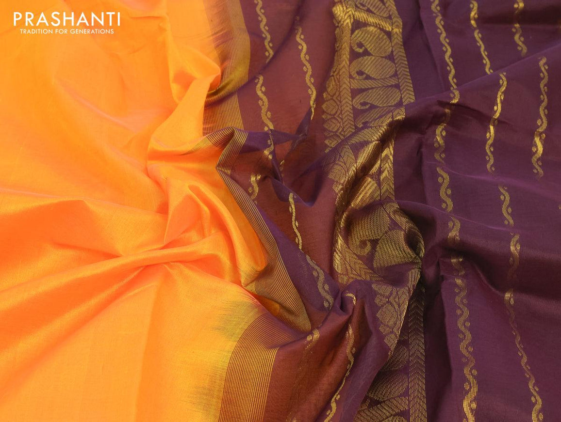 Silk cotton saree mango yellow and deep coffee brown with plain body and paisley zari woven border - {{ collection.title }} by Prashanti Sarees