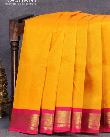 Silk cotton saree mango yellow and pink with plain body and temple design zari woven korvai border - {{ collection.title }} by Prashanti Sarees