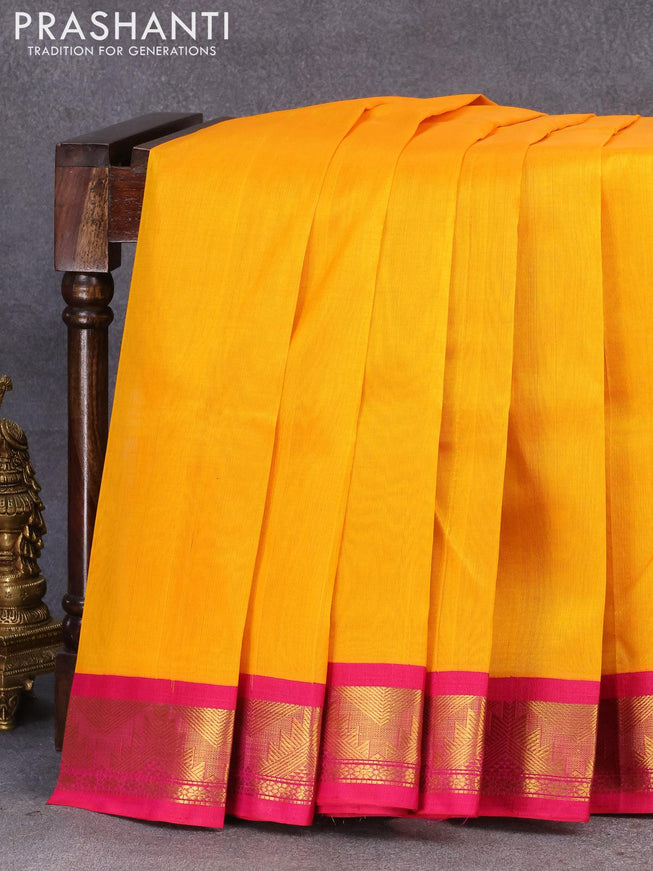 Silk cotton saree mango yellow and pink with plain body and temple design zari woven korvai border - {{ collection.title }} by Prashanti Sarees