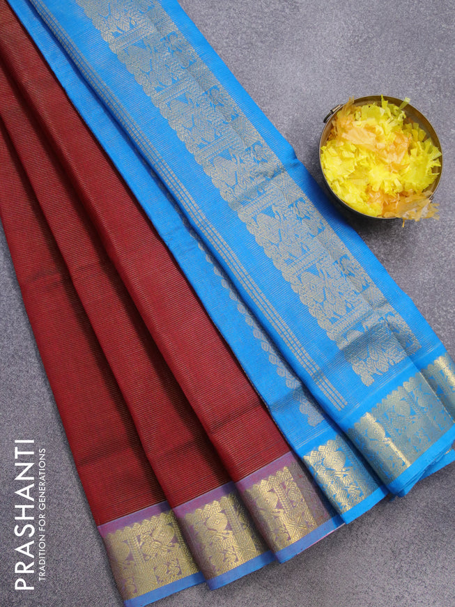 Silk cotton saree maroon and cs blue with allover vairaosi pattern and annam zari woven border - {{ collection.title }} by Prashanti Sarees