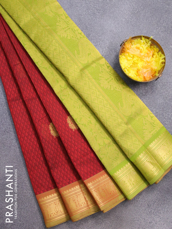Silk cotton saree maroon and light green with allover self emboss & annam zari buttas and elephant & paisley zari woven border - {{ collection.title }} by Prashanti Sarees