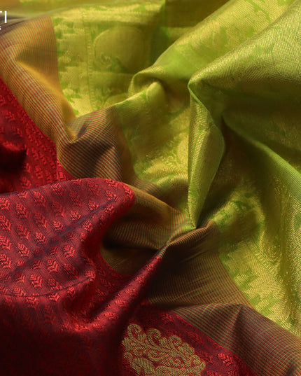Silk cotton saree maroon and light green with allover self emboss & annam zari buttas and elephant & paisley zari woven border - {{ collection.title }} by Prashanti Sarees