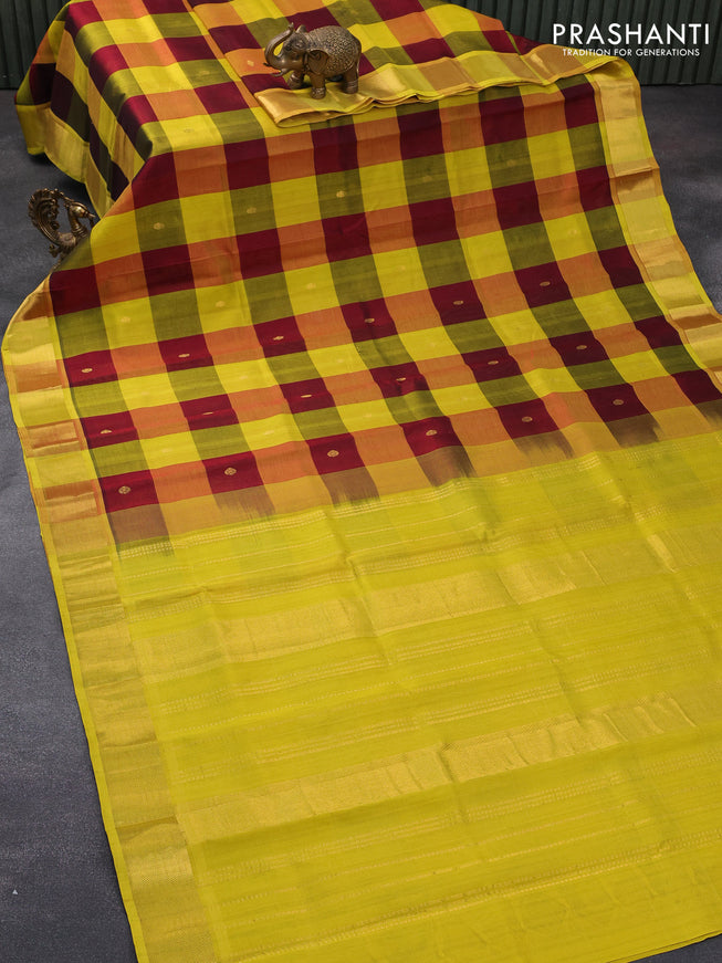 Silk cotton saree maroon and lime yellow with paalum pazhamum checked pattern & zari buttas and paisley zari woven border - {{ collection.title }} by Prashanti Sarees