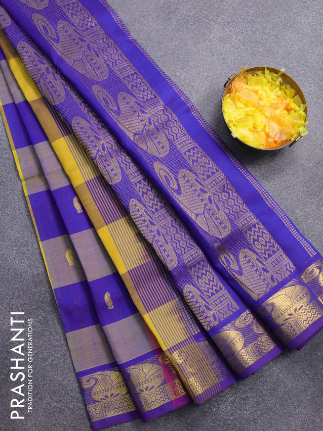 Blue Banana Pith Saree Highlighted with Square Zari Buttas, Bavanji Border, Gleaming Zari Striped Pallu, and Paired with a Matching Plain Blouse