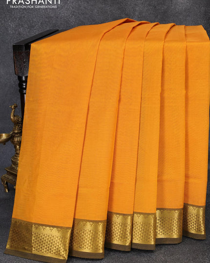Silk cotton saree mustard yellow and blue with plain body and zari woven border - {{ collection.title }} by Prashanti Sarees