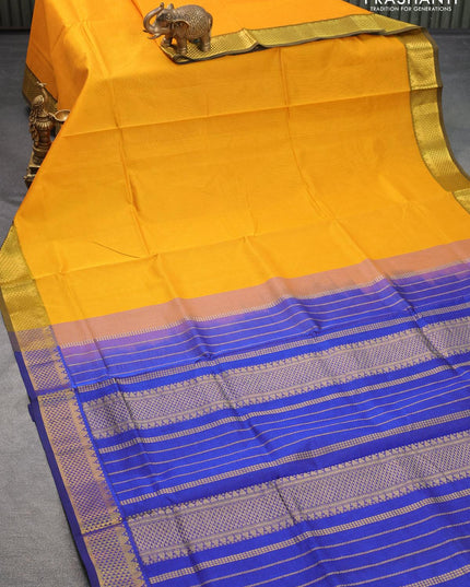 Silk cotton saree mustard yellow and blue with plain body and zari woven border - {{ collection.title }} by Prashanti Sarees
