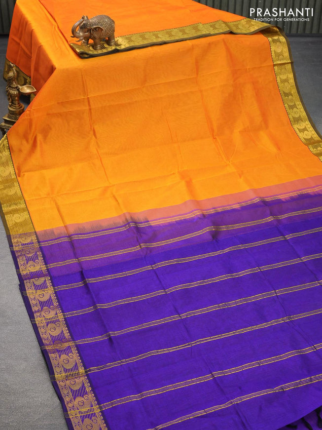 Silk cotton saree orange and blue with plain body and paisley zari woven border - {{ collection.title }} by Prashanti Sarees
