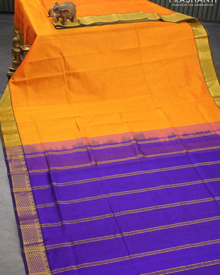 Silk cotton saree orange and blue with plain body and zari woven border - {{ collection.title }} by Prashanti Sarees