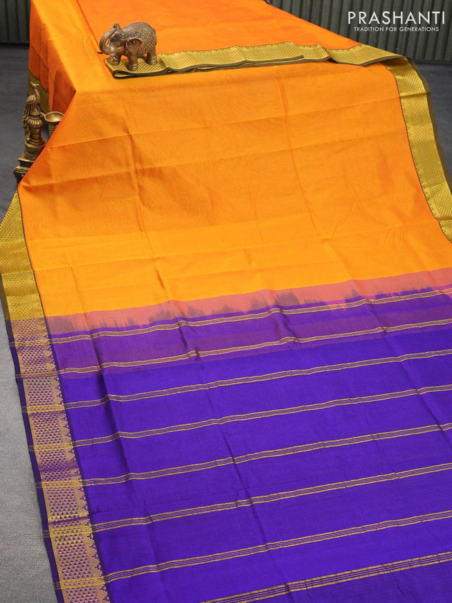 Silk cotton saree orange and blue with plain body and zari woven border - {{ collection.title }} by Prashanti Sarees