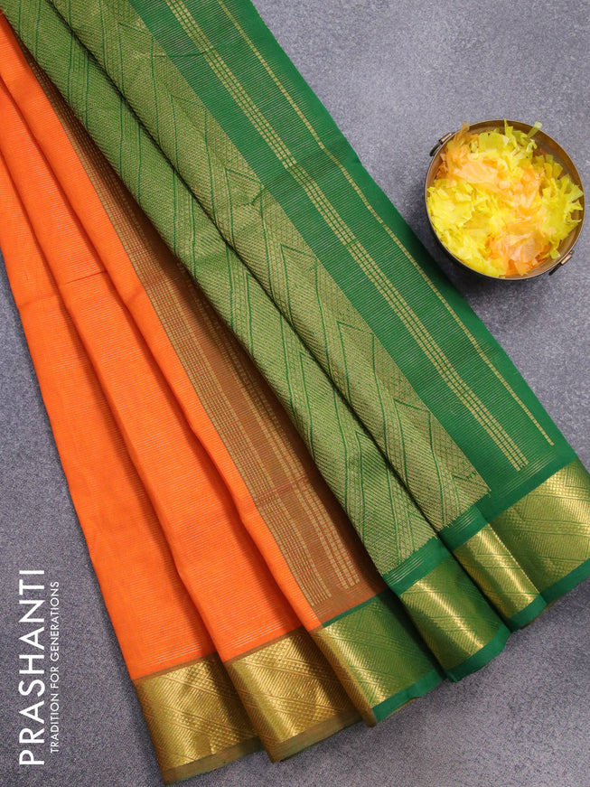 Silk cotton saree orange and green with allover vairaosi pattern and zari woven border - {{ collection.title }} by Prashanti Sarees