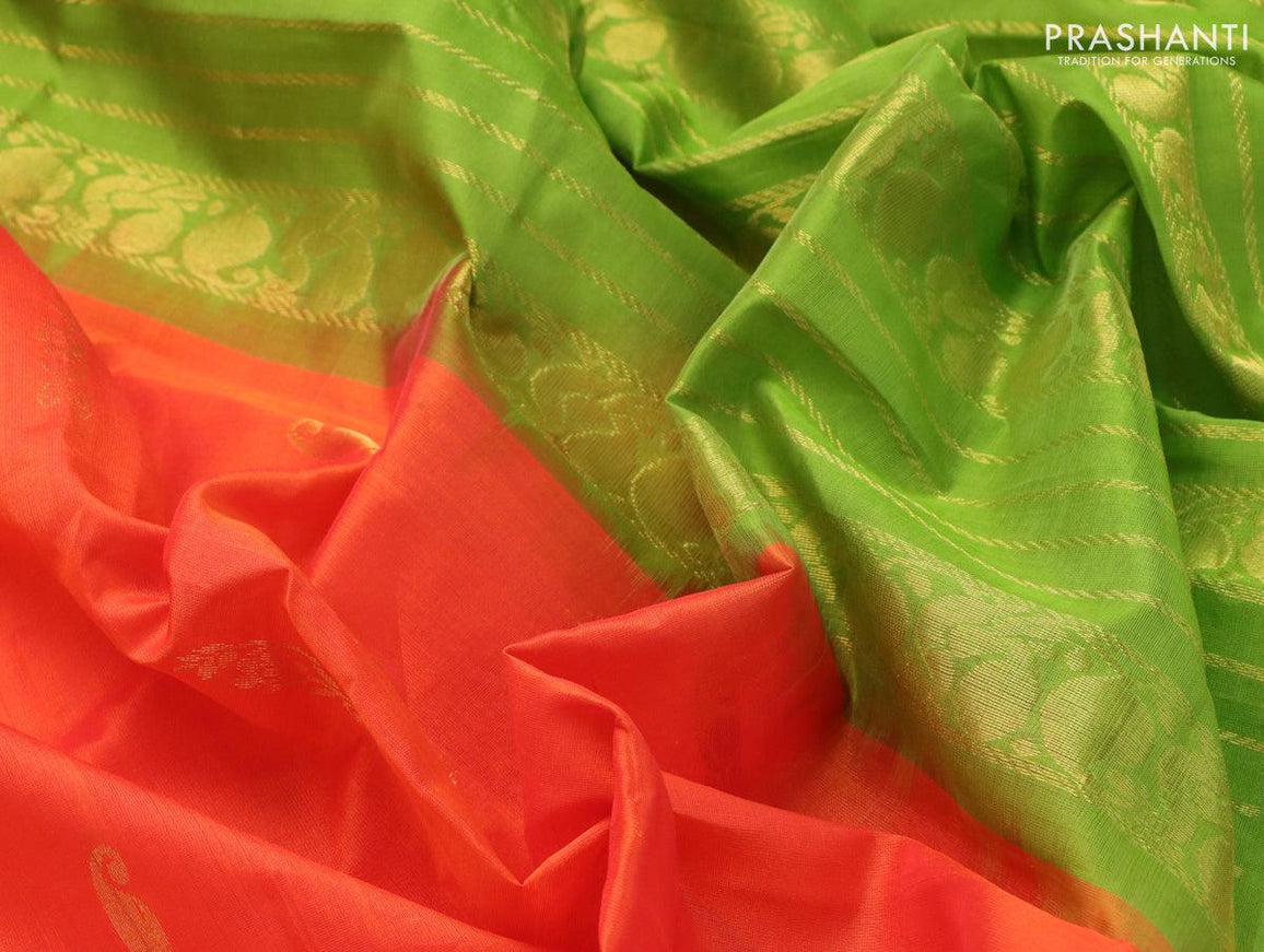 Silk cotton saree orange and light green with paisley zari woven buttas and peacock zari woven border - {{ collection.title }} by Prashanti Sarees