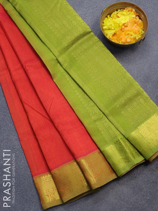Silk cotton saree orange and light green with plain body and zari woven border - {{ collection.title }} by Prashanti Sarees