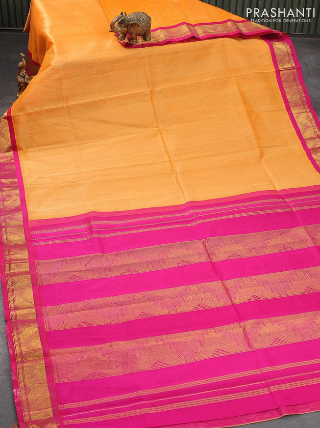 Silk cotton saree pale orange and pink with plain body and temple design zari woven korvai border - {{ collection.title }} by Prashanti Sarees