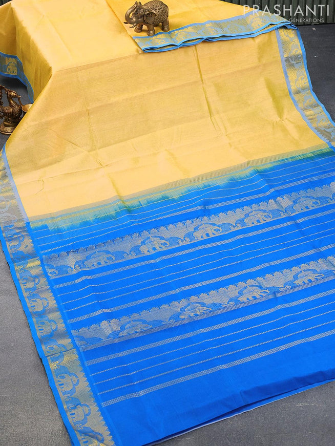 Silk cotton saree pale yellow and cs blue with plain body and elephant zari woven border - {{ collection.title }} by Prashanti Sarees