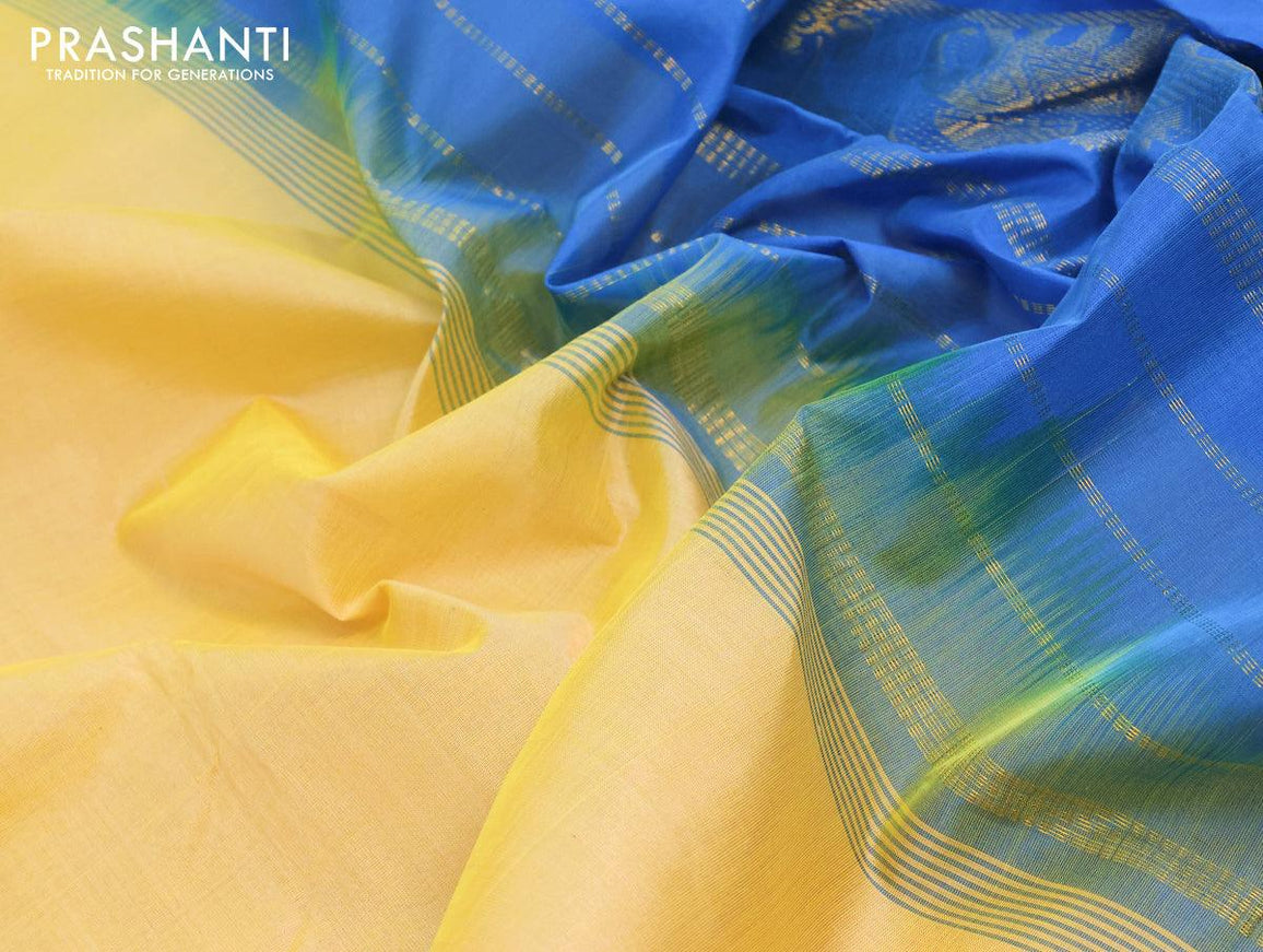 Silk cotton saree pale yellow and cs blue with plain body and elephant zari woven border - {{ collection.title }} by Prashanti Sarees