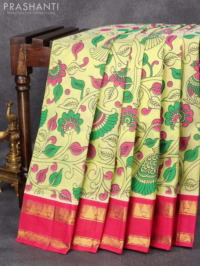 Silk cotton saree pale yellow and pink with allover kalamkari prints and rettapet zari woven korvai border - {{ collection.title }} by Prashanti Sarees