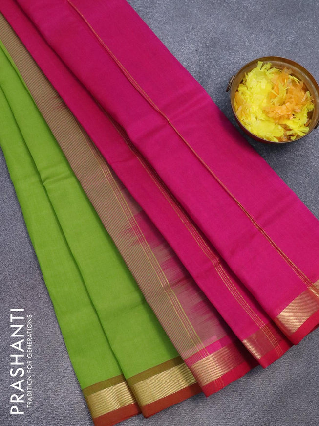 Silk cotton saree parrot green and magenta pink with plain body and zari woven border - {{ collection.title }} by Prashanti Sarees