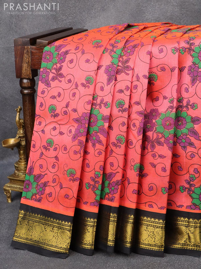 Silk cotton saree peach pink and black with allover floral prints and zari woven annam border - {{ collection.title }} by Prashanti Sarees