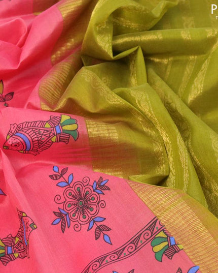Silk cotton saree peach pink and mehendi green with allover kalamkari prints and zari woven korvai border - {{ collection.title }} by Prashanti Sarees