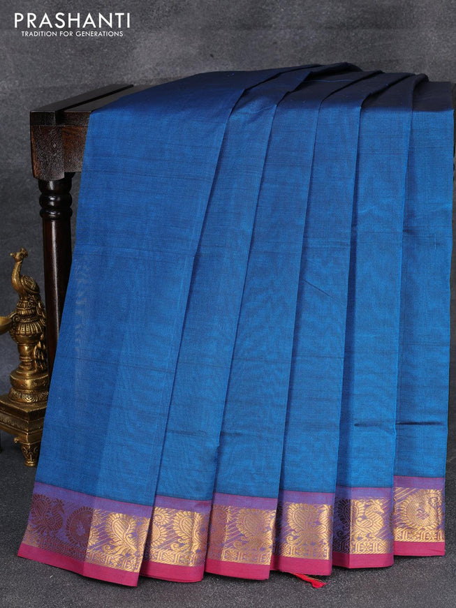 Silk cotton saree peacock blue and magenta pink with plain body and annam zari woven border - {{ collection.title }} by Prashanti Sarees
