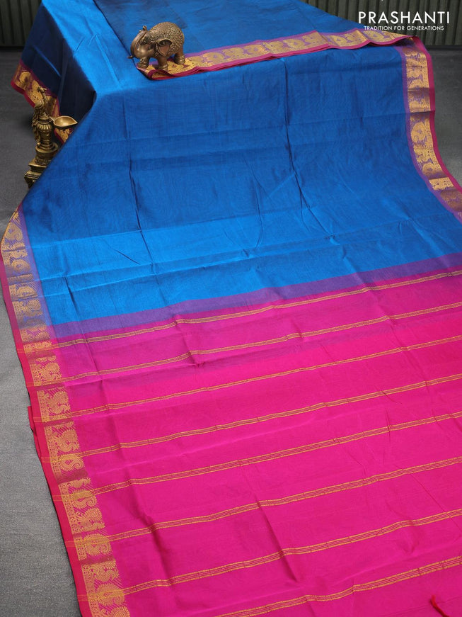 Silk cotton saree peacock blue and magenta pink with plain body and annam zari woven border - {{ collection.title }} by Prashanti Sarees