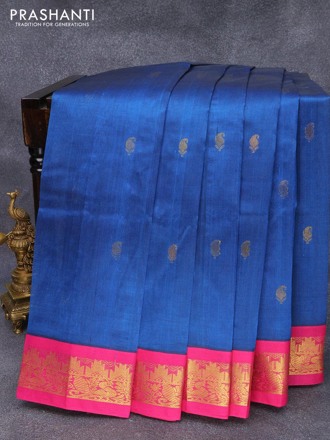 Silk cotton saree peacock blue and pink with paisley zari woven buttas and zari woven korvai border - {{ collection.title }} by Prashanti Sarees