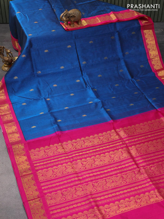 Silk cotton saree peacock blue and pink with paisley zari woven buttas and zari woven korvai border - {{ collection.title }} by Prashanti Sarees