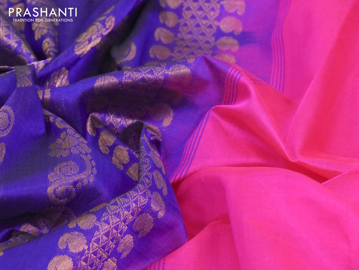 Silk cotton saree pink and blue with plain body and zari woven border - {{ collection.title }} by Prashanti Sarees