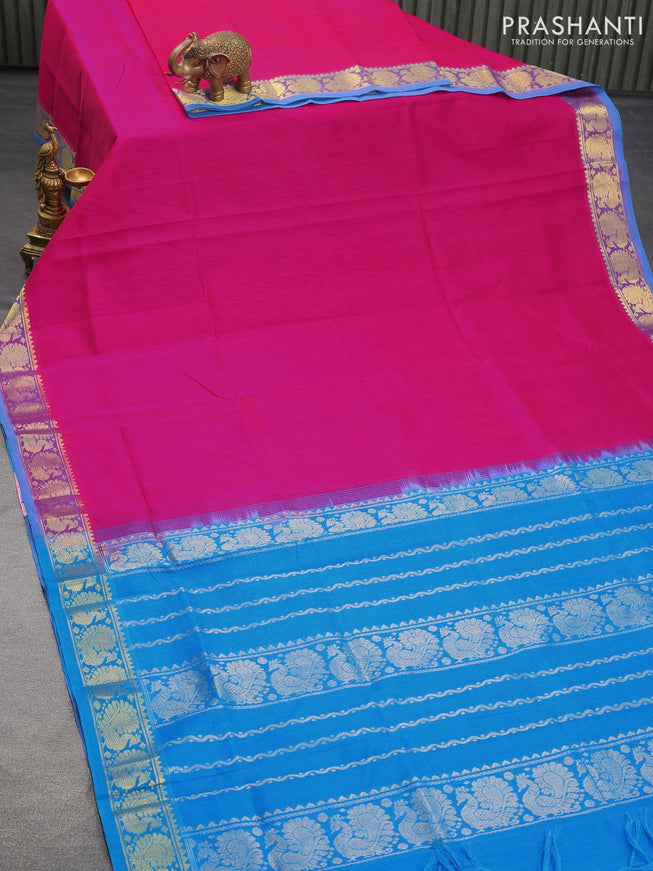 Silk cotton saree pink and cs blue with plain body and annam zari woven border - {{ collection.title }} by Prashanti Sarees